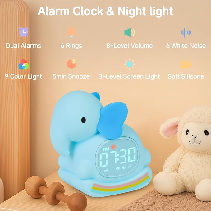 Alarm Clock for Kids with Night Light, Sleep Training Clock Time to Wake Clock, Rechargeable Silicone Light for Bedroom, Perfect Sleep Companion for Boys Girls，Blue Elephant-CubbioJoy
