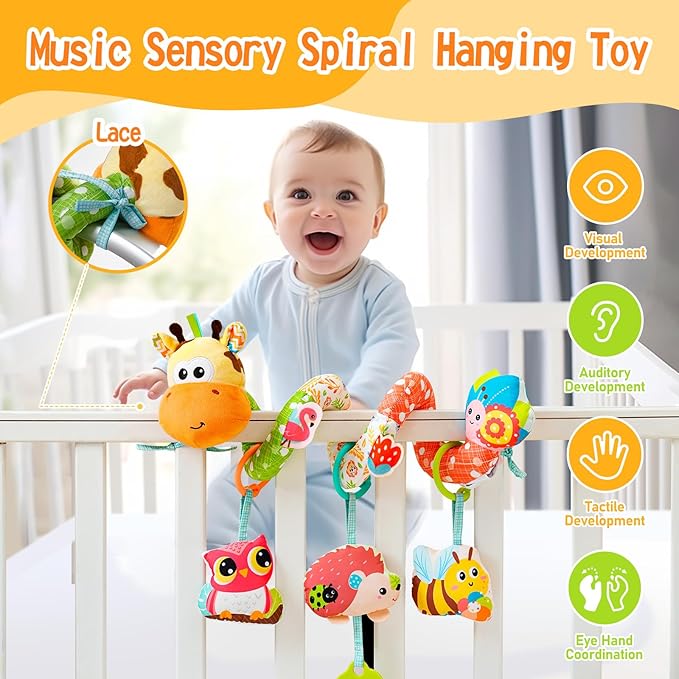 Jollybaby Crib Stroller Car Seat Toys for Baby 0-3-6-9-12 Months, Tummy Time Hanging Sensory Toys for Newborn with Music Box and Teether, Spiral Carseat Toy for Infant Boys Girls Gifts (Yellow)-CubbioJoy