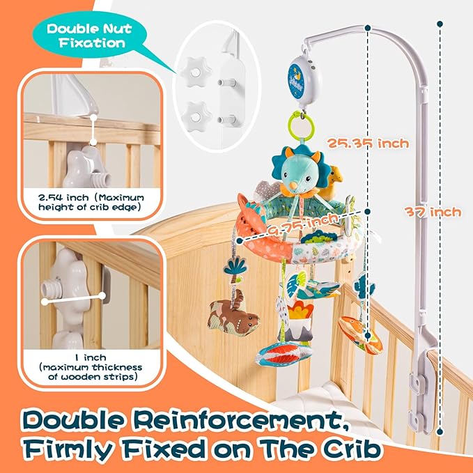 Jollybaby Nursery Baby Automatic Rotating Dinosaur Crib Mobile with Music Box & Arm, Montessori Sensory Musical Hanging Toy for Bassinet, Newborn Clip on Crib Mobile Soother Toy Gift, Polyester-CubbioJoy