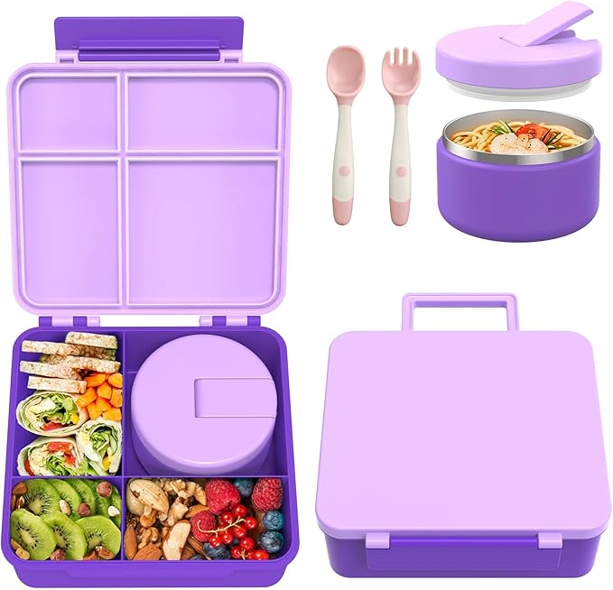 Bento Lunch Box with 8oz Soup Thermo, Kids Leakproof Lunch Food Containers with 4 Compartment, Kids Thermo Insulated Hot Food Jar for School, Trvael (Purple)-CubbioJoy