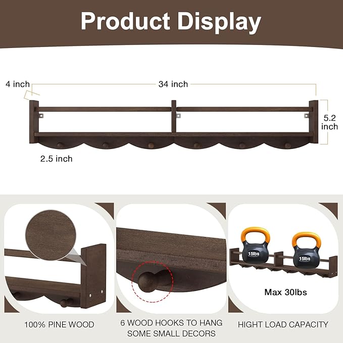 34Inch Nursery Bookshelves,Set of 4,Wall Floating Shelf Kids Coat Rack with 6Hooks,Hanging Book Shelf for Baby Nursery Room Décor (Dark Brown, 34)-CubbioJoy