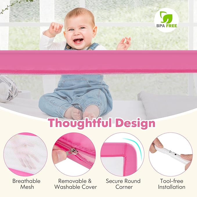 BABY JOY Bed Rails for Toddlers, 71'' Extra Long, Swing Down Bed Guard w/Safety Strap, Folding Baby Bedrail for Kids Twin, Double, Full Size Queen & King Mattress (71-Inch, Pink)-CubbioJoy