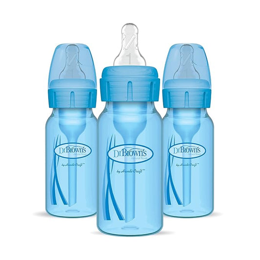 Dr. Brown’s Natural Flow® Anti-Colic Options+™ Narrow Baby Bottles 4 oz/120 mL, with Level 1 Slow Flow Nipple, 3 Pack, 0m+ Blue-CubbioJoy