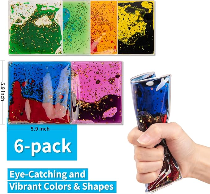 Art3d 6”x6” Square Sensory Fidget Liquid Motion Tiles for Kids, Toddler, Teens - Interactive Soft Gel Liquid Play Mats for Home, Schools, Playrooms, Multi-Pack of 6 Tiles-CubbioJoy