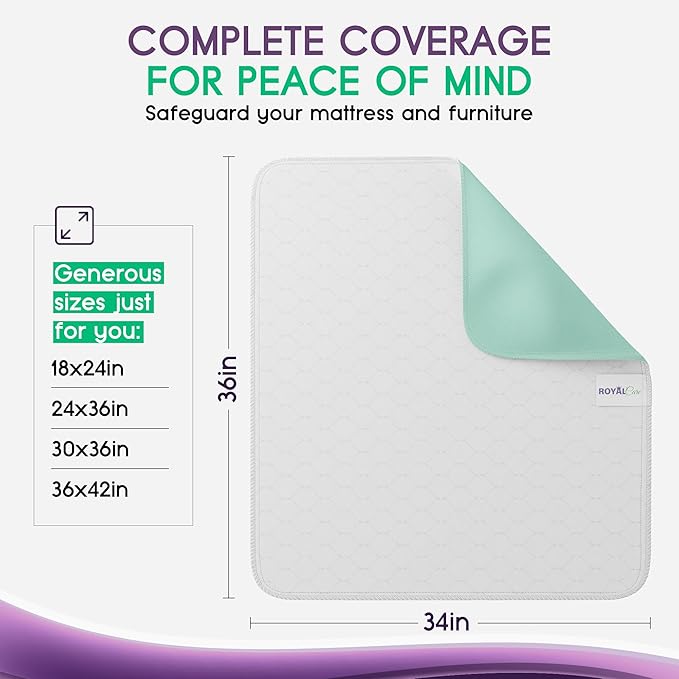 Incontinence Bed Pads - 4 Pack 34" x 36" Reusable Waterproof Mattress Protectors - Highly Absorbent, Machine Washable - for Children, Pets and Seniors - Multi Color - Royal Care-CubbioJoy