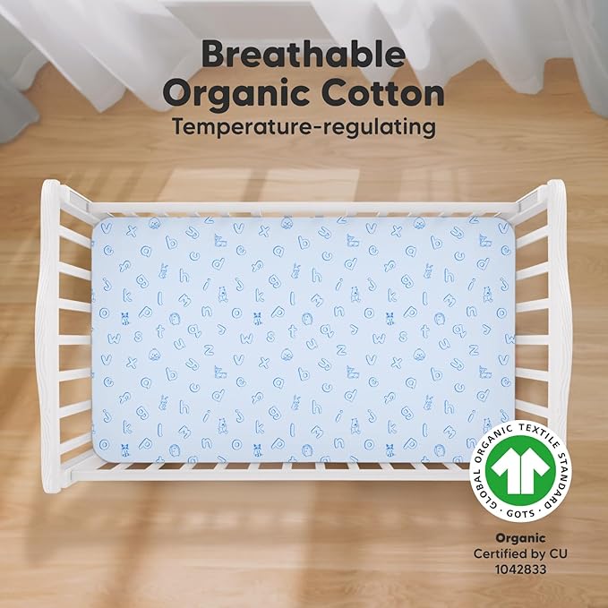 KeaBabies 2-Pack Organic Crib Sheets for Boys, Girls - 52x28 Fitted Crib Mattress Sheet Neutral, Breathable Jersey Cotton Cover for Baby Bed, Toddler Mattress, Soft & Cute Prints (ABC Land Sky)-CubbioJoy