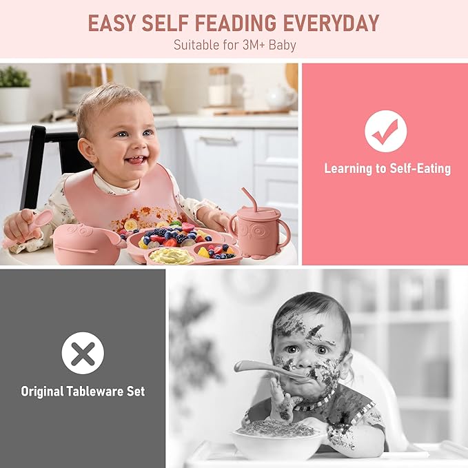 Baby Weaning Set - Silicone Toddler Feeding Set (10 Pcs) with Adjustable Bib, Suction Bowl, Plate, Fork, Spoon, Water & Snack Cup Kit - Baby Led Weaning Kit-CubbioJoy