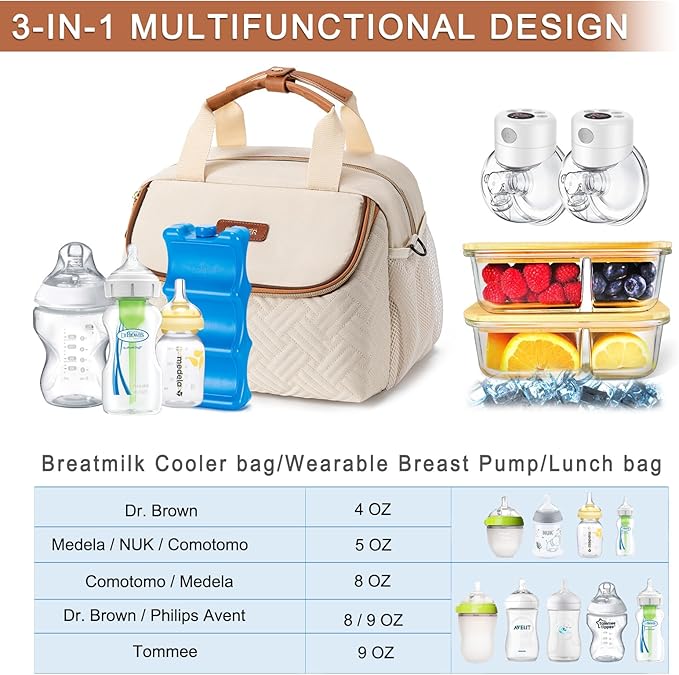 Breastmilk Cooler Bag with Ice Pack Fits 6 Baby Bottles up to 9 Ounce, Wearable Breast Pumps Cooler Bag for Nursing Mom Daycare, Work, Travel- Cream-CubbioJoy