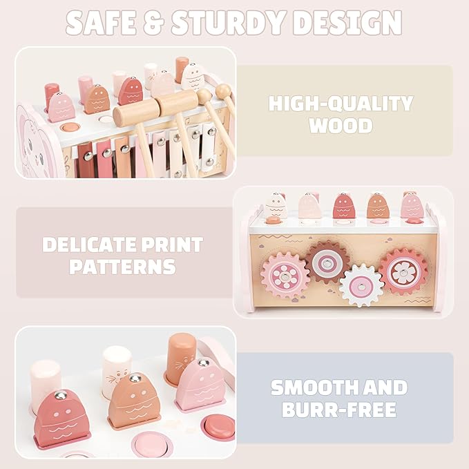 Joyreal Montessori Toys for 1 Year Old Girl Gift - Pink Wooden Hammering Pounding Toy with Xylophone & Fishing Game - Toddler Learning Activities for Kids 1+ 2 3 Year Old Christmas Birthday Gifts-CubbioJoy