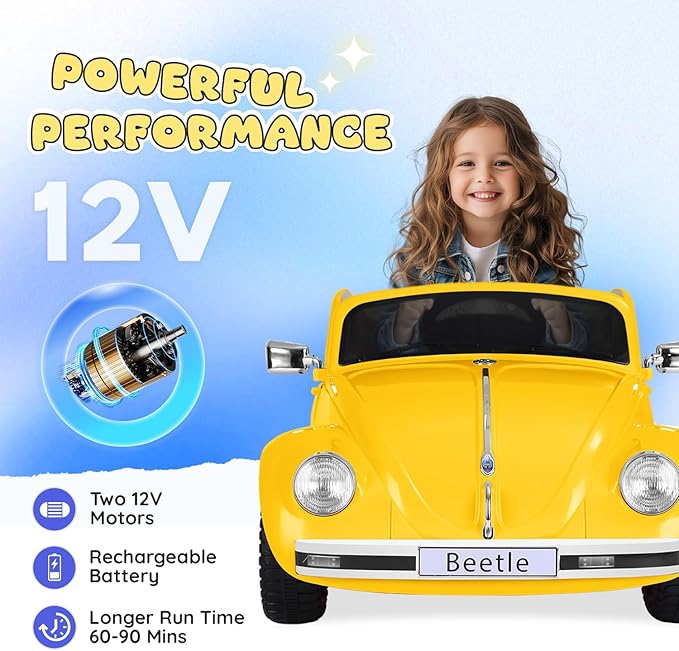 12V Kids Electric Car, Power Wheels with Remote Control, Ride on Car Toys with LED Light, 3 Speeds, Music, Yellow-CubbioJoy