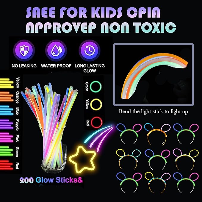 272 PCs Glow Party Supplies, 24 Foam Glow Sticks, 24 LED Glasses and 200 Glow Sticks ＆ Bracelets, 12 Glow sticks headband 12 Fiber Optic Hair Light，Glow Neon Party Favors for Wedding, Concert, Raves-CubbioJoy