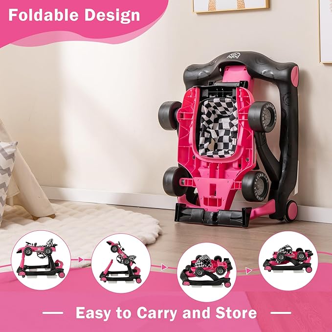 BABY JOY 4-in-1 Baby Walker, Foldable Activity Walker with Adjustable Height & Speed, Music, Lights, Steering Wheel, Comfy Seat Cushion, Activity Baby Push Walker for Boys Girls Aged 6 –18 (Pink)-CubbioJoy
