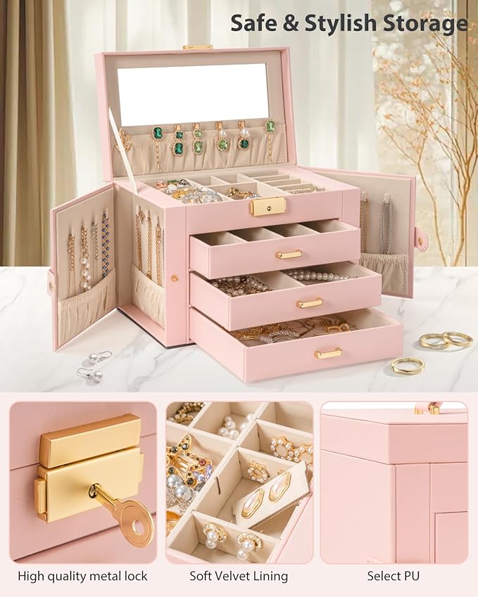 AKOZLIN Large 4-Tier Jewelry Box Leather Jewelry Storage Organizer with 3 Drawers Lockable for Women Girls Ring Necklace Earring Bracelet Watches Holder with Mirror Pink-CubbioJoy