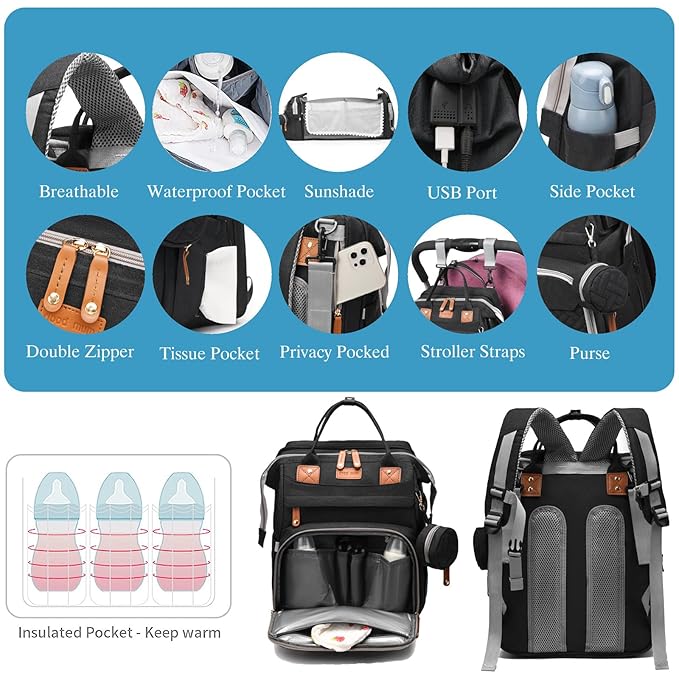 Jeryswet Baby Diaper Bags with Changing Station, Waterproof Large Capacity Diaper Bag Backpack for Moms Dads with USB Charging Port and Stroller Straps, Baby Shower Gifts, Black-CubbioJoy