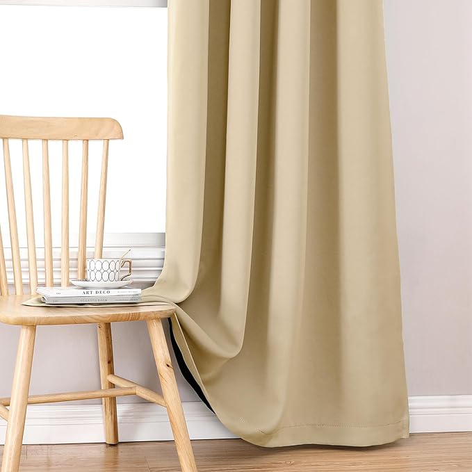 ChrisDowa 100% Blackout Curtains for Bedroom with Black Liner, 2 Thick Layers Total Blackout Thermal Insulated Grommet Small Window Curtains 2 Panels Set (Beige, 42 x 45 Inch)-CubbioJoy