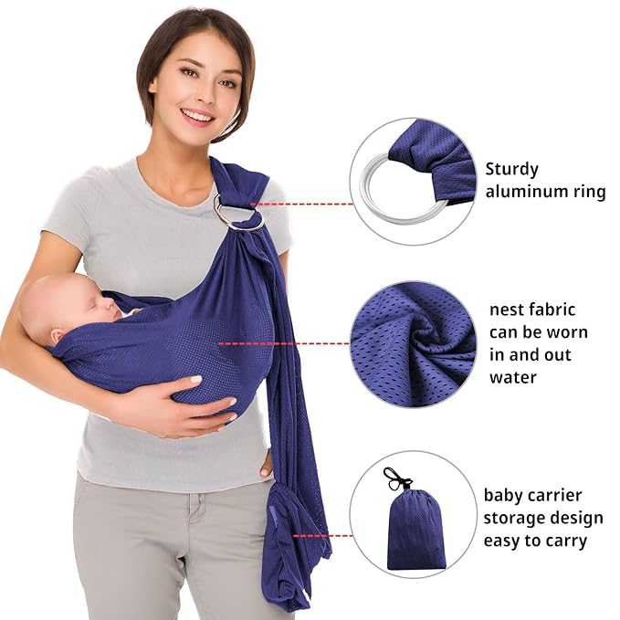 CUBY Water Baby Sling Carrier Lightweight Breathable Mesh Baby Wraps Carrier Adjustable Ring Sling Quick-Drying Baby Carriers Sling for Newborn Toddler Summer Swimming Pool Beach(Dark Blue)-CubbioJoy