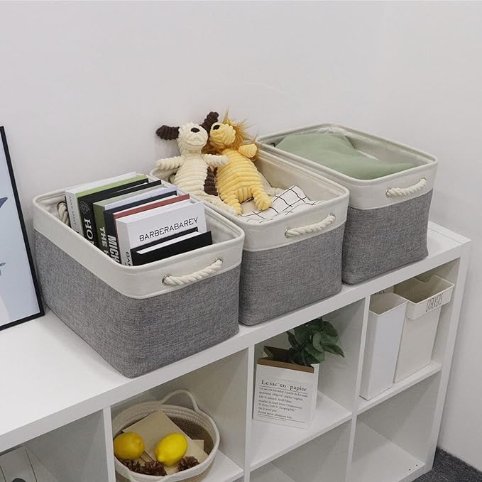 Bidtakay Baskets Set of 3 Storage Baskets for Organizing Large Fabric Storage Bins for Shelves Decorative Canvas Bins Collapsible Empty Baskets for Closet,Nursery,Clothes,Toys,Shoes(White&Grey)-CubbioJoy