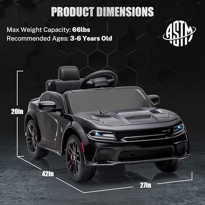 12V 7Ah Kids Electric Ride on Car, Licensed Dodge Charger SRT Hellcat, Battery Powered 4-Wheels Toy Car Electric Vehicle for Kids with Remote Control, 3 Speeds, LED Lights, Music (Black)-CubbioJoy