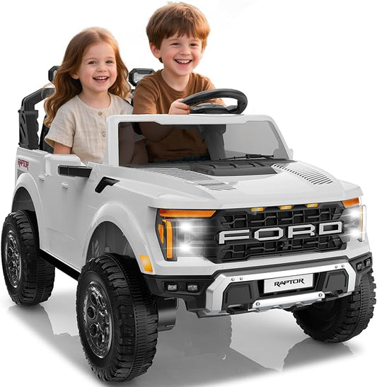 24V Ride on Car Licensed Ford F-150 Raptor, Kids Electric Car with Remote Control, LED Light/Music/MP3, Truck Bed Storage, 3-Point Seat Belt (24V, White)-CubbioJoy