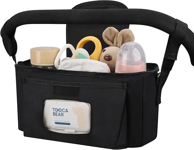 Accmor Universal Stroller Organizer with Insulated Cup Holder and Shoulder Strap, Stroller Caddy Bag Stroller Cup Holder Attachment for Uppababy, Baby Jogger, Britax Strollers, Black-CubbioJoy