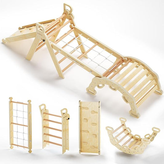 BlueWood 2025 8-in-1 Pikler Triangle Climbing Set Toddler Toys Indoor Baby Jungle Gym Climber Playground for Kids - Natural Wood-CubbioJoy