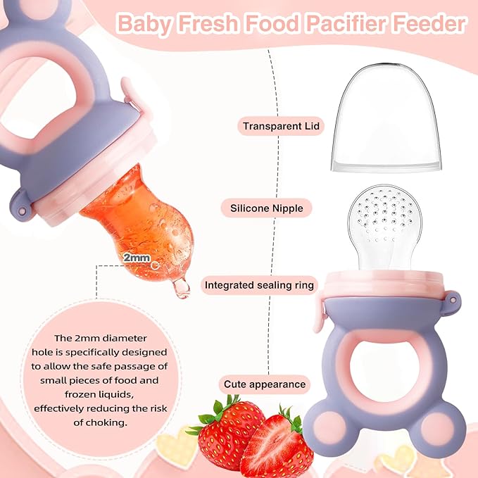 Baby Solids/Frozen Fruit Feeder Pacifier, Infant Teether Toy 4M+, BPA-Free Silicone Pouch & Nipple, Safely Introduce Solids, Teething Relief, 2-Pack - Yellow/Purple (Mouse)-CubbioJoy