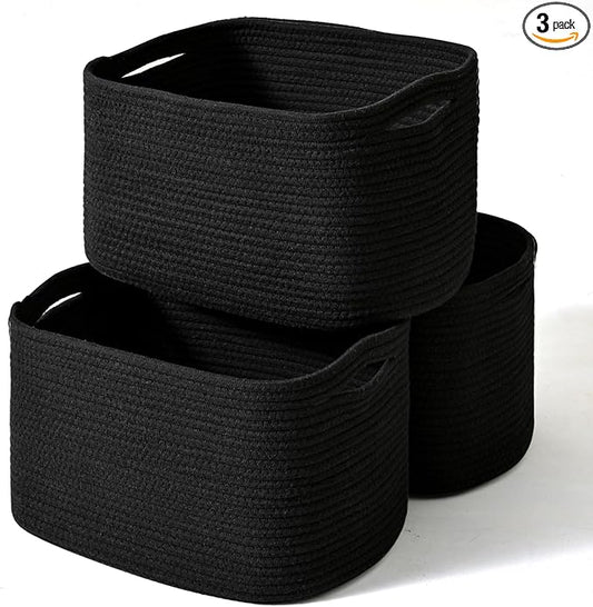 Black Storage Baskets for Organizing Shelves, Toy Basket for Nursery, Woven Cotton Rope Basket for Decor, Towel Baskets for Bathroom, 15"x11"x9.5", 3 Packs, Black-CubbioJoy