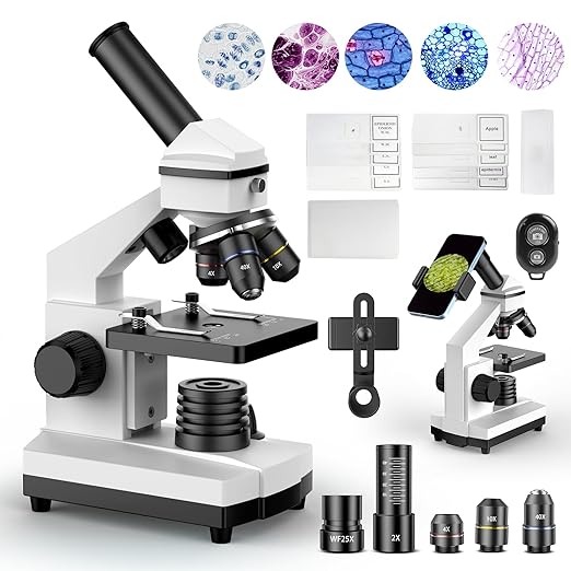 Compound Microscope for Adults & Kids - 100X-2000X High-Power Biological Microscope for Students, School Lab & Home Education, with Slides Set & Phone Adapter (White)-CubbioJoy