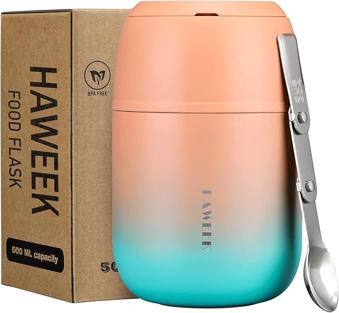 Insulated Food Container 17 oz Soup Thermo for Hot Food Adults, Stainless Steel Vacuum Lunch Box with Folding Spoon, Adult Kids Thermo Portable with Handle for School, Office, Outdoor-CubbioJoy