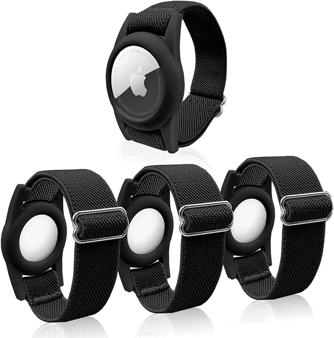 4 Pack Airtag Bracelet for Kids, AirTag Holder with Adjustable Stretchy Nylon Watch Band, Anti-Lost Apple Air Tag Case Loop for Child, Toddler, Wallet, AirTag Wristband Kids (Black)-CubbioJoy