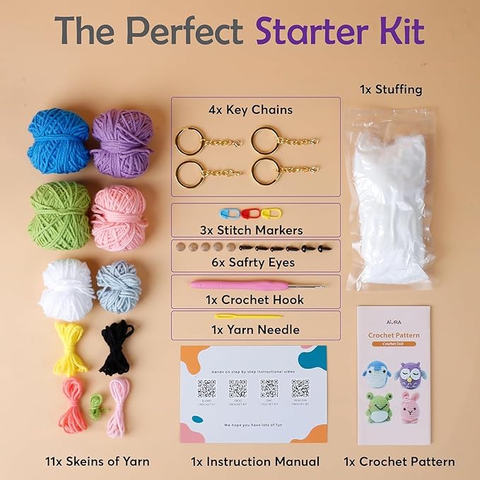 A-URA Learn to Crochet Kit for Beginners Kids and Adults, Premium 4 Animal Pattern Beginner Crochet Kits with Easy Tube Yarn & Step-by-Step Video Tutorials (Forest Friends–Standard Size)-CubbioJoy