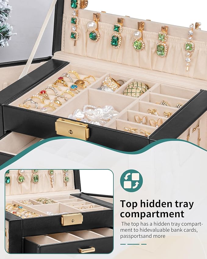 AKOZLIN Large 4-Tier Jewelry Box Leather Jewelry Storage Organizer with 3 Drawers Lockable for Women Girls Ring Necklace Earring Bracelet Watches Holder with Mirror Black-CubbioJoy