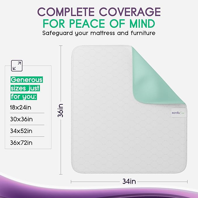 Incontinence Bed Pads - 4 Pack 34"x36" Reusable Waterproof Mattress Protectors - Highly Absorbent, Machine Washable - for Children, Pets and Seniors - Green - Royal Care-CubbioJoy