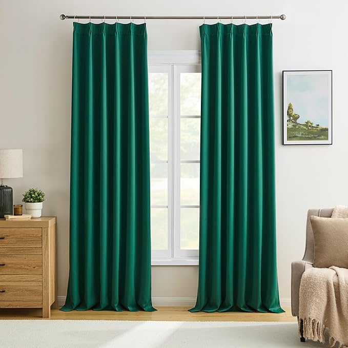 KEQIAOSUOCAI Dark Hunter Green Window Draperies 120 Inches Long 10 Feet Tall, Pinch Pleat Room Darkening Thermal Insulated Curtains for Living Room Emaerald Green 40 x 120-inch 2 Panels-CubbioJoy