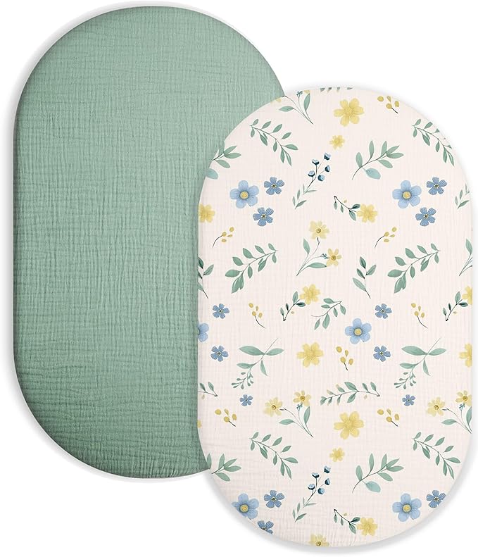 Bassinet Sheet for Baby Boy and Girl 2 Pack, Fitted Sheets for Rectangle, Oval, Hourglass Bassinet Mattress, Muslin Moses Basket Sheets with Neutral Style (Spring Garden & Sage)-CubbioJoy
