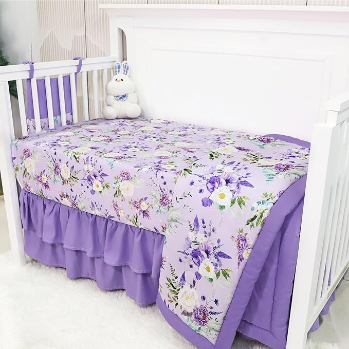 Crib Bedding Set for Girls, Purple Baby Crib Bedding Set 4 Piece, Baby Girl Nursery Bedding Set Including Comforter, Fitted Crib Sheet, Crib Skirt, Diaper Stacker, Floral-CubbioJoy