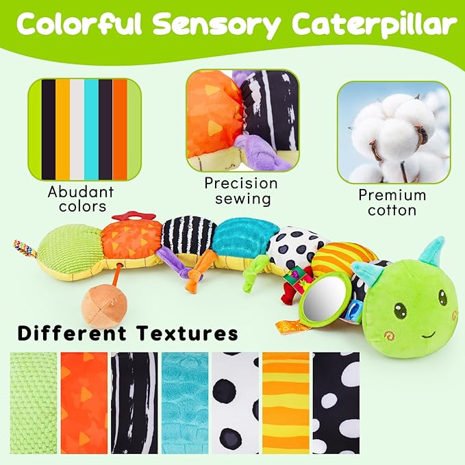 Baby Sensory Toy 0-6 Month Music Animal Stuffed Plush Caterpillar Toy for Infant 0-3-6 Month Tummy Time with Baby Mirror Crinkle Rattle for 6-12 Month Carseat Toys for Newborn Boys Girls Shower 1-CubbioJoy