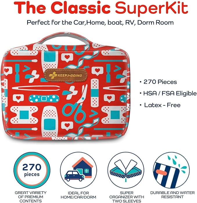 KeepGoing Large Home First Aid Kit for Kids – 270 Pc. for Car, Home, Dorm, & Boat with Latex-Free Bandages – 10 x 7 x 3.5 in. Travel First Aid Kit (The Classic)-CubbioJoy