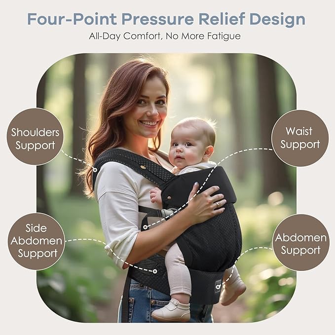 Baby Carrier with Lumbar Support, Cozy Baby Carrier Newborn to Toddler with Adjustable Seat Size, Ergonomic Infant Carrier with 3-Way Carry, Front Facing Toddler Hodler Carrier for Mom & Dad, Black-CubbioJoy