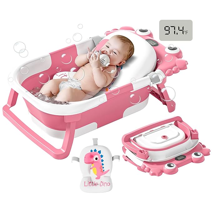 Collapsible Baby Bathtub for Newborns to Toddler with Real-time Temp Monitor & Floating Cushion,Portable Travel Tub for 0-36 Month, Foldable Baby Bath Tub for Infants Girl (Pink)-CubbioJoy
