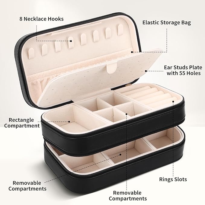 DesignSter Small Travel Jewelry Box with Double Zipper, 2 Layers PU Portable Jewelry Case for Women and Girls,Travel Jewelry Organizer for Rings, Earrings, Necklaces, Bracelets,Black-CubbioJoy