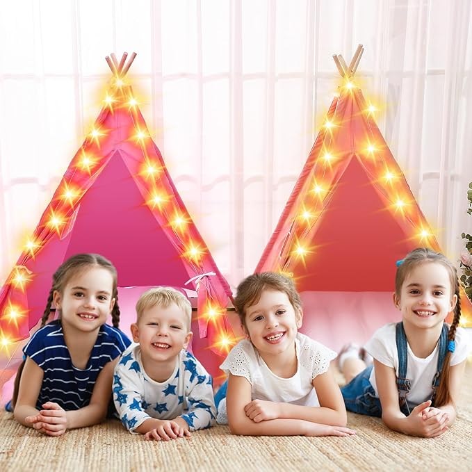 6 Pack Sleepovers Teepee Tent for Kids Bulk with Mattress Sheet Light,Natural Cotton Washable Indoor Play Tent for Birthday Slumber Party Girls Boys Pajama Movie Night Supplies(Pink, Rose Red)-CubbioJoy
