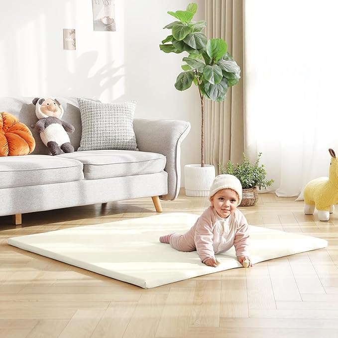 Baby Play Mat 48"x48" – Thick, Non-Slip Foam Mat for Babies and Toddlers. Foldable, Scrubbable, Odorless, and Soft, Ideal for Playpens, Crawling, and Indoor Playtime-Beige-CubbioJoy