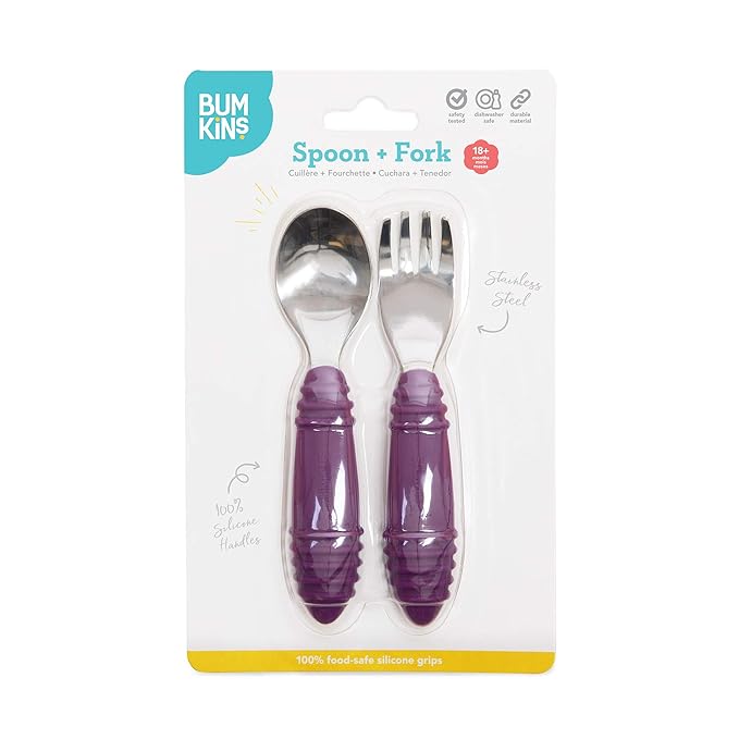 Bumkins Toddler Utensils, Kids Size Fork and Spoon Set, Silicone and Stainless-Steel Training Silverware, Angled Forks / Sporks for Self-Feeding, Children Hold Learning to Eat, 18 Months Up, Purple-CubbioJoy