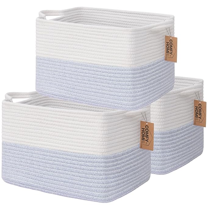 COMFY-HOMI 3PACK Cotton Rope Square Baske with Handles for Shelves|Dog Toy Baske Bin and Storage|Baby Baske for Gift|Shoe Baske for Organizing|13.5" x 11" x 9.5" for Living Room（White/Blue）-CubbioJoy