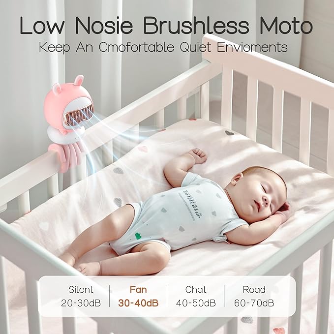 Cute Bunny Stroller Fan Clip On for Baby, Bladeless Fan 4000mAh Rechargeable Battery Operated, Flexible Tripod, 4 Speeds, Auto Oscillating, Small Cooling Fan for Kids-CubbioJoy