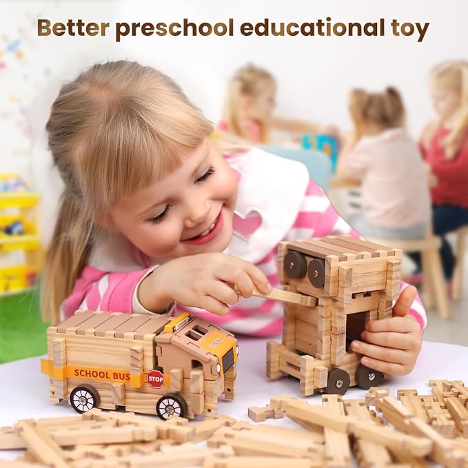 Jovi-mindly＆Notchies Wooden Blocks Train Set 101 PCS Create 40+ Shapes,Toys Educational Wooden Building Blocks Puzzles for Kids Ages 5-8 Boys and Girls,Truck/Excavator,FSC Certified,Graduate Gifts-CubbioJoy