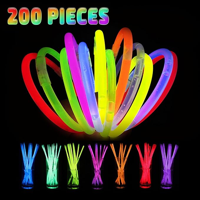 200 Pcs Glow Sticks Bulk Party Pack, 8'' Glow in the Dark Party Supplies, Glow in the Dark Light Up Sticks with Connectors, Party Favors for Birthday, Concert, Raves, Halloween, Christmas-CubbioJoy