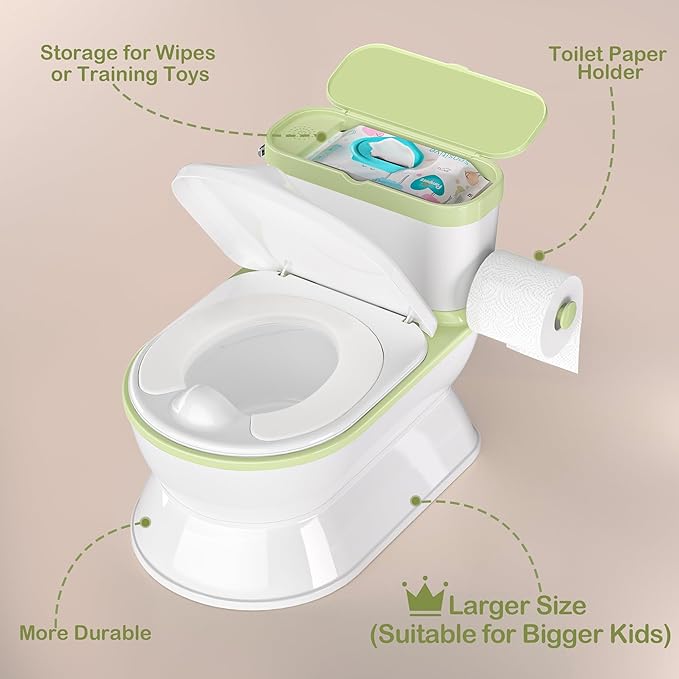 2-in-1 Toddler Potty Training Toilet - Larger Potty Chair & Detachable Training Seat for Boys & Girls Ages 1-3 with Flushing Sound, Wipes Storage, Toilet Paper Holder - Green-CubbioJoy