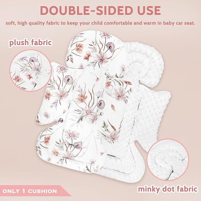Infant Car Seat Insert and Strap Covers, Very Soft Car Seat Head Support Baby Girl Boy, Reversible Newborn Carseat Insert Cushion Fits for Stroller, Baby Swing, Bouncer (White Flower)-CubbioJoy